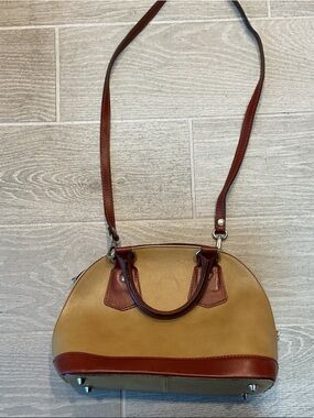 Vera Pelle Two-Tone Tan and Brown Dome Satchel Tote With Crossbody Strap